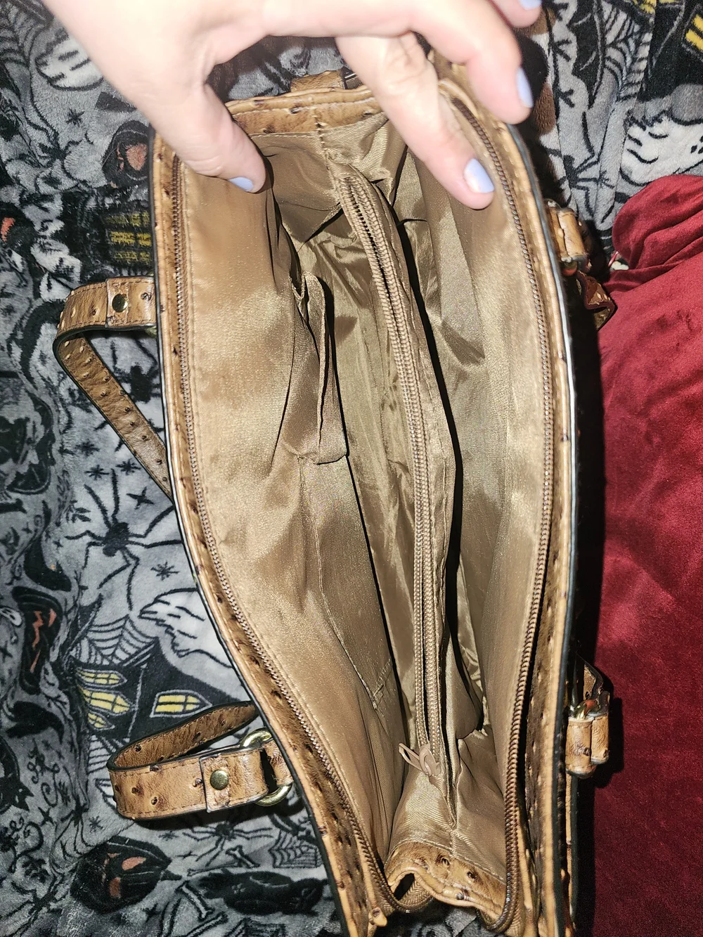 Tan Ostrich-Texture Shoulder Bag with Gold Medallion Accent